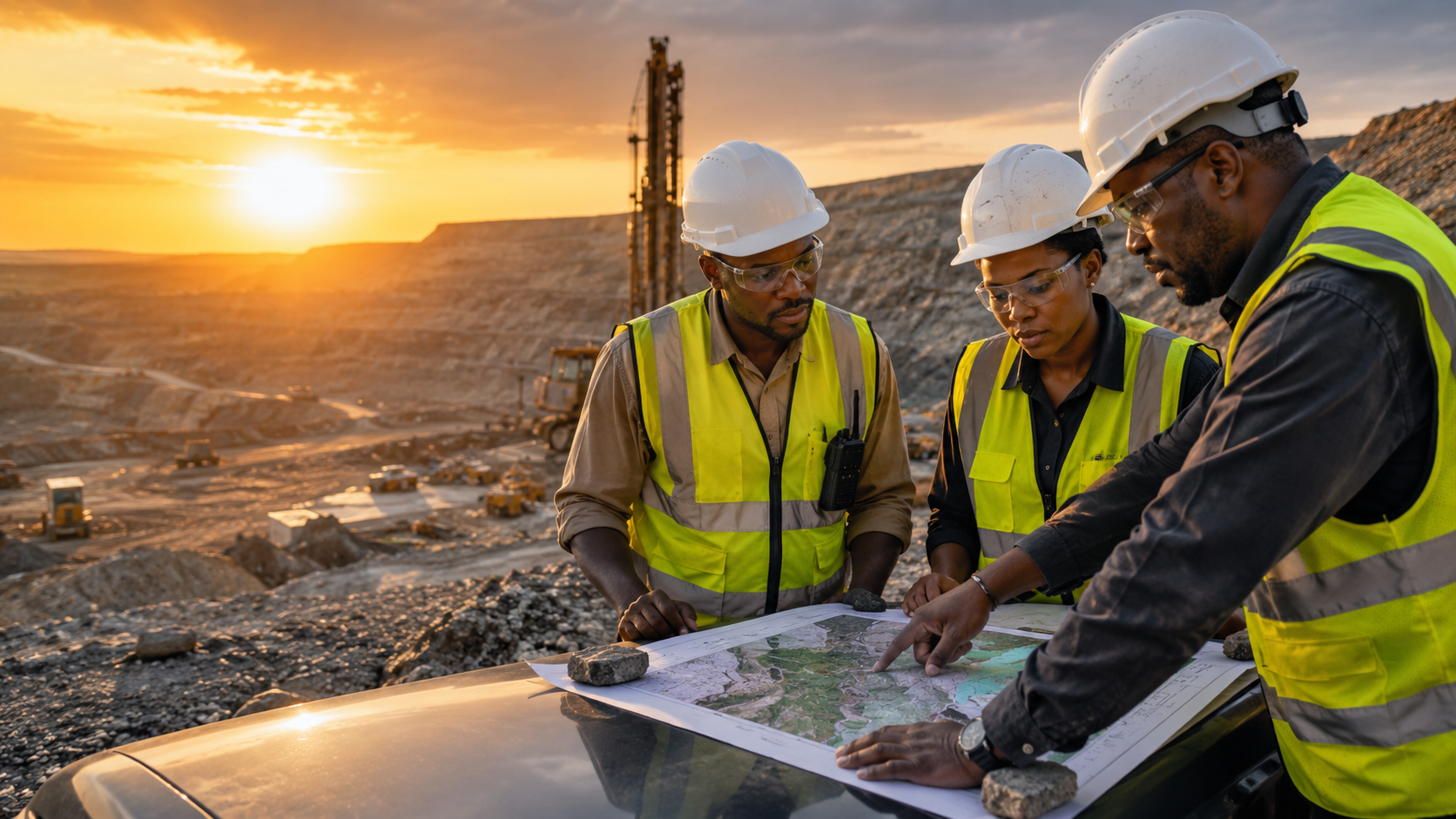Open pit mining operation at sunrise